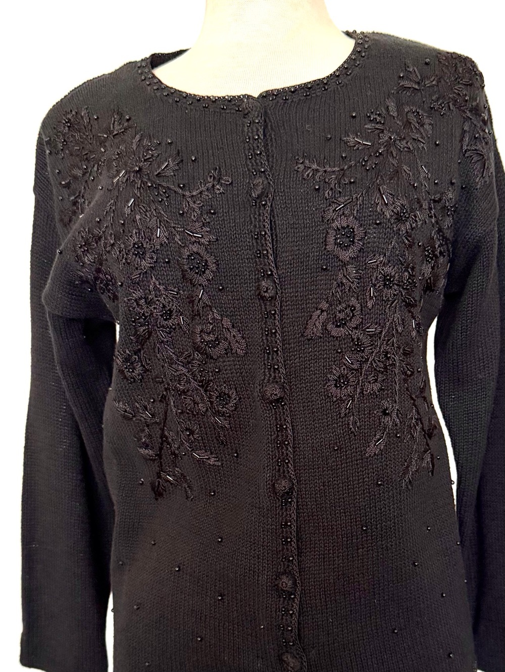 Black Embroidered Beaded Cardigan Sweater